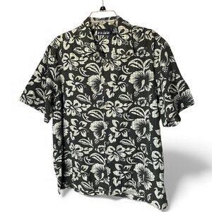 Oxide Vintage Dark Gray Hawaiian Shirt with Green Hibiscus Design, M